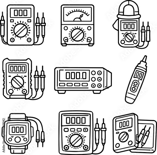 Set of various electronic multimeter and oscilloscope vector illustrations with digital