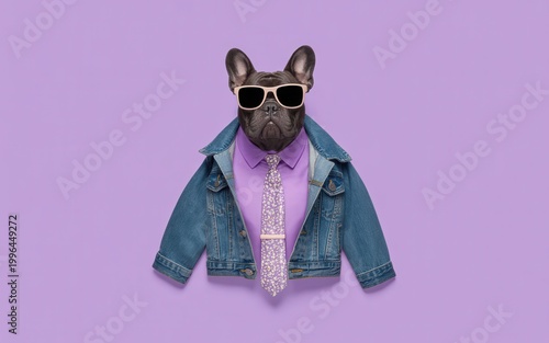 A stylish dog wears sunglasses, a purple shirt, tie, and denim jacket.