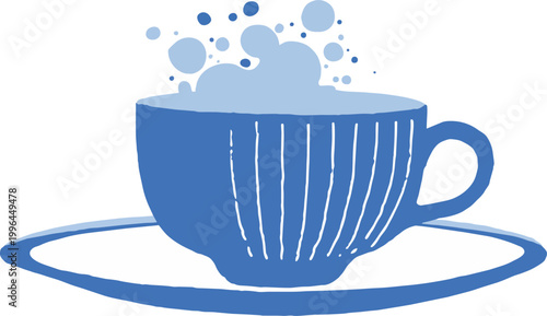 Hand-drawn vector of a bright blue striped teacup on a saucer with rising steam and bubbles, ideal for cafe branding, stationery design and food blog illustrations.