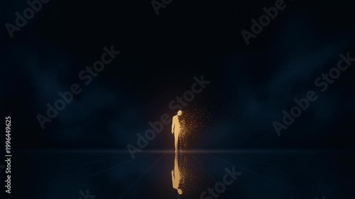 Symbolic golden human silhouette walking forward and slowly dissolving into thousands of glowing particles in a dark, conceptual space, representing concepts like soul, memory, and loss
