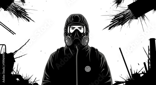 person in protective hazmat suit and gas mask stands amidst industrial wreckage symbolizing environmental disaster and crisis.