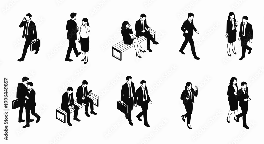 Fototapeta premium vector set of isometric business people silhouettes in various corporate activities and poses