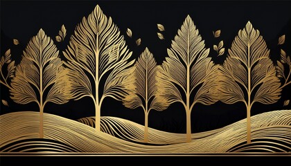 black background with gold leaf designs of trees and a gold border the trees are stylized and appear to be in a field