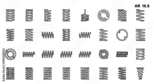 diverse collection of spring icons including compression and tension types illustrating mechanical engineering components for industrial design projects