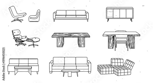 furniture outlines and vector icons for interior design illustrating modern architectural symbols perfect for floor plans and home decor.