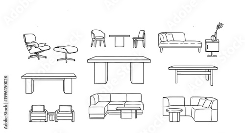 detailed architectural furniture line drawings of modern sofas chairs and tables for interior design and floor plan layouts.