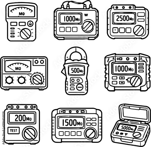 Set of eight black and white line art illustrations of various digital multimeters