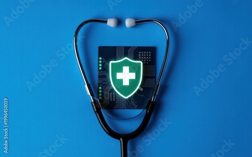 A stethoscope lies on a blue surface next to a digital tablet displaying a green shield with a white cross.