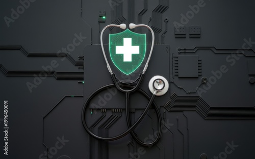 A stethoscope and medical shield on a circuit board represent healthcare technology.