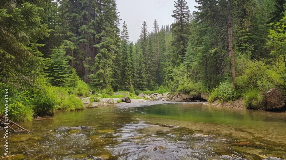 Obraz premium Misty Forest River Bend