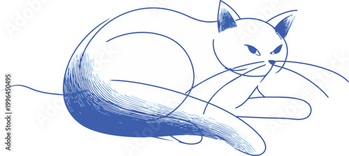 Minimalist blue line art sketch of a crouched domestic cat with gradient shaded tail and ears, vector illustration, suitable for pet product branding, wall art prints and children's stationery.