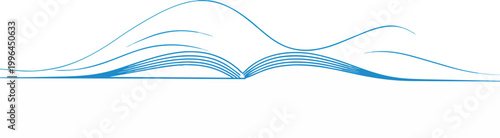 Minimalist blue vector line art of an open book transforming into rolling mountain waves on a clean white background, perfect for educational content, book branding and literary projects.