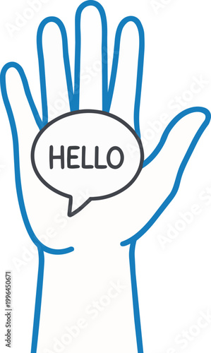 Minimalist bright blue outlined cartoon waving hand with HELLO speech bubble, ideal for welcome messaging, new user onboarding, and community introduction projects.