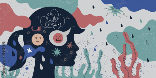 Mental health awareness illustration depicts person facing anxiety in stormy weather. Sad woman character represents depression, grief, and emotional psychology support needs.