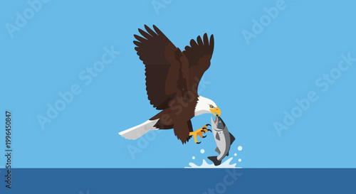 Majestic Bald Eagle Soaring Through the Sky with Freshly Caught Fish.