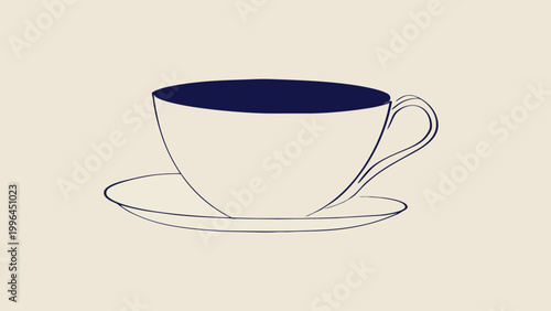 Minimalist line art vector of a filled coffee cup on a saucer, navy linework on soft cream background, concept for cafe branding, menu design and morning lifestyle content.