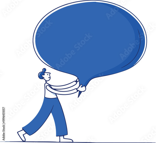 Minimalist line vector of a person straining to carry an oversized empty blue speech bubble, suitable for communication content, workplace presentations and social media graphics.