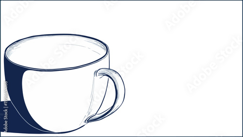 Minimalist navy blue line art empty ceramic coffee mug on white background with copy space, suitable for cafe branding, menu design and kitchen print projects.