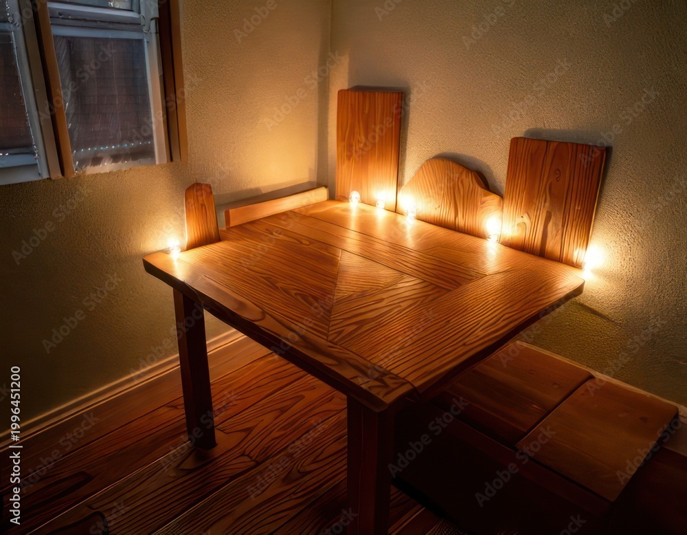 Fototapeta premium Romantic Dinner Table Setting with Candles and Wooden Furniture.