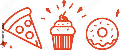 Minimalist red line art vector icons of pizza slice, cherry cupcake and glazed donut on a soft beige background, perfect for cafe branding, food blogs and takeaway menu design.