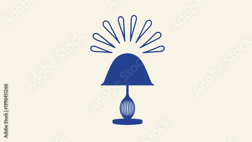Minimalist royal blue vector table lamp with radiating light rays on cream background, ideal for home decor branding, interior design blogs and lighting product marketing.