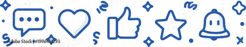 Modern blue line art vector set of social media icons: chat, heart, thumbs up, star, bell with decorative sparkles, concept for app UI design, social media marketing and content engagement strategies.
