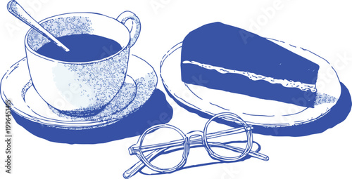 Monochrome blue line art vector of a coffee mug, frosted pastry on a lace plate and reading eyeglasses, flat lay, concept for café branding, breakfast menus and cozy lifestyle content.