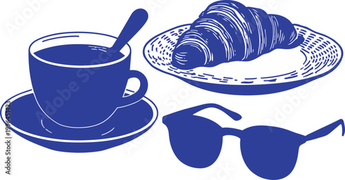 Monochrome blue vector illustration of coffee cup, croissant, and sunglasses, minimalist line art, perfect for café branding, brunch menu design and travel lifestyle content.