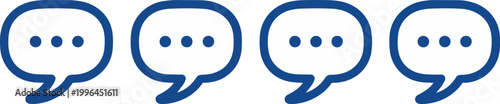 Row of bright blue outline speech bubble icons with typing ellipses on plain white background, ideal for messaging app UI, community forums and online customer support.
