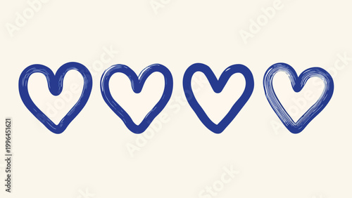 Row of four sketchy hand-drawn blue outline heart icons on a pale cream background, perfect for valentine’s day cards, social media posts and romantic gift wrap designs.