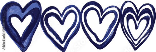 Row of hand-painted textured indigo blue brushstroke heart vectors on white background, perfect for valentine's cards, romantic stationery and social media graphics.