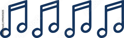 Row of navy blue sixteenth music note flat vector icons isolated on a white background, perfect for music branding, playlist design and digital media content creation.