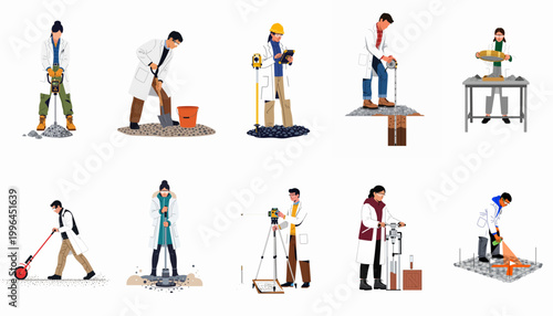 Photos Flat vector illustrations of professional scientists and engineers performing soil testing, site surveying, and geological investigations in various outdoor field environments