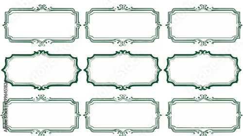 Set of nine ornate green vintage vector frames with decorative scrollwork flourishes on plain white background, concept for wedding stationery, product labeling and graphic design.