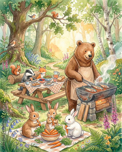 Illustration: A bear preparing barbecue meat at a picnic in the woods with rabbits and badgers, suitable for children's books, recipe illustrations, friendship content, themed cards, and postcards.