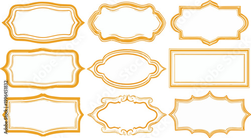 Set of nine golden hand-drawn ornate blank label frames, vector illustration on white background, ideal for wedding stationery, product branding, greeting card design.