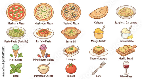Italian cuisine vector collection with pizza, pasta, calzone, spaghetti, lasagna, garlic bread and ingredients for restaurant menu design