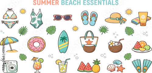Colorful tropical summer beach essentials vector icon set with swimsuits surfboard coconut cocktail donut float sunglasses sun hat fruits and palm leaves.