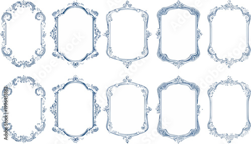 Set of ornate hand-drawn baroque style blue watercolor decorative frames, vector illustration with blank copy space, perfect for wedding stationery, event invitations and custom graphic design.