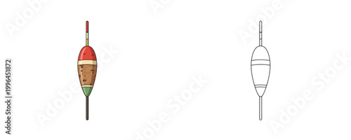 Fishing float bobber in flat colored and black line styles red green brown colors for surface angling activity representation on white background