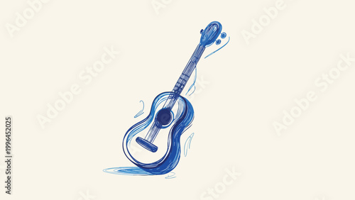 Sketchy blue hand-drawn vector acoustic guitar with floating musical notes on cream background, ideal for music event flyers, hobby blogs and creative merchandise design.