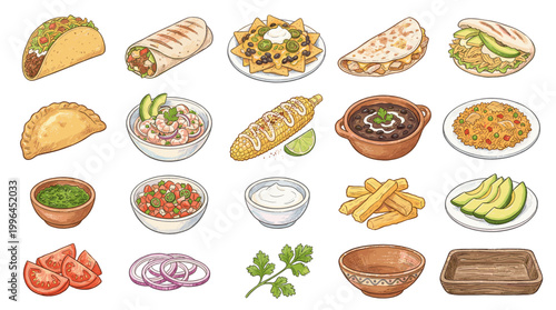 Cute Mexican cuisine vector collection with tacos, burritos, nachos, tortillas, soup, salsa, fries and fresh toppings for restaurant menu design