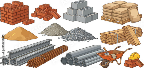 Comprehensive construction building materials vector icon set including red bricks, concrete blocks, cement bags on pallet, timber wood, sand, gravel, steel beams, rebar, pipes, and wheelbarrow.
