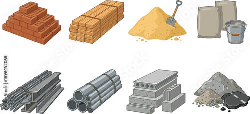 Comprehensive construction building materials vector icon set including red bricks, timber wood, sand with shovel, cement bags, steel rebar, pipes, and concrete blocks.