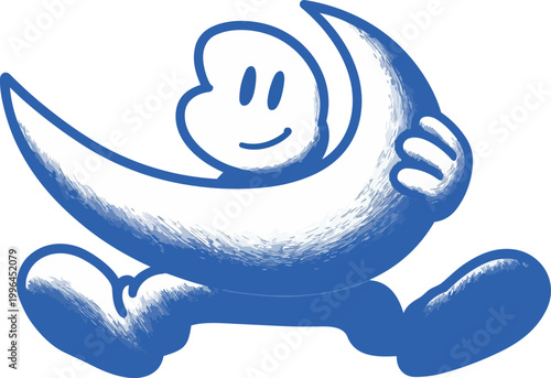 Smiling anthropomorphic running crescent moon character, blue hand-drawn cartoon vector, suitable for nursery wall art, children's bedtime media and sleep product branding.