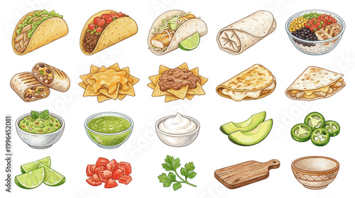 Colorful Mexican food vector collection with tacos, burrito, nachos, quesadilla, guacamole, salsa and lime for restaurant menu and cuisine design