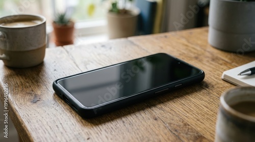 A black smartphone lies on a wooden table, flanked by two cups of coffee.