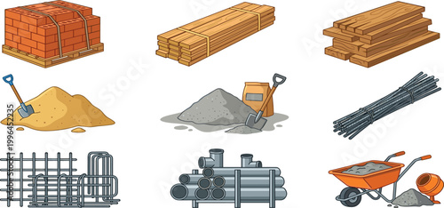 Comprehensive construction site building materials vector icon set including bricks on pallet, lumber timber, sand, gravel, rebar, pipes, and wheelbarrow.