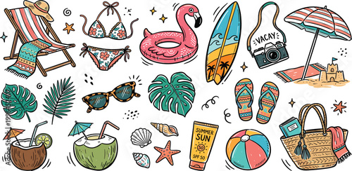 Comprehensive hand drawn tropical summer beach vacation vector set with flamingo float surfboard chair umbrella coconut cocktail sunglasses camera icons