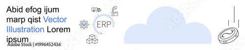 Cloud technology, ERP systems, data storage, digital payments, IT infrastructure, business solutions. Cloud icon with related elements thumbs up ERP symbol and data coin. Cloud technology and ERP
